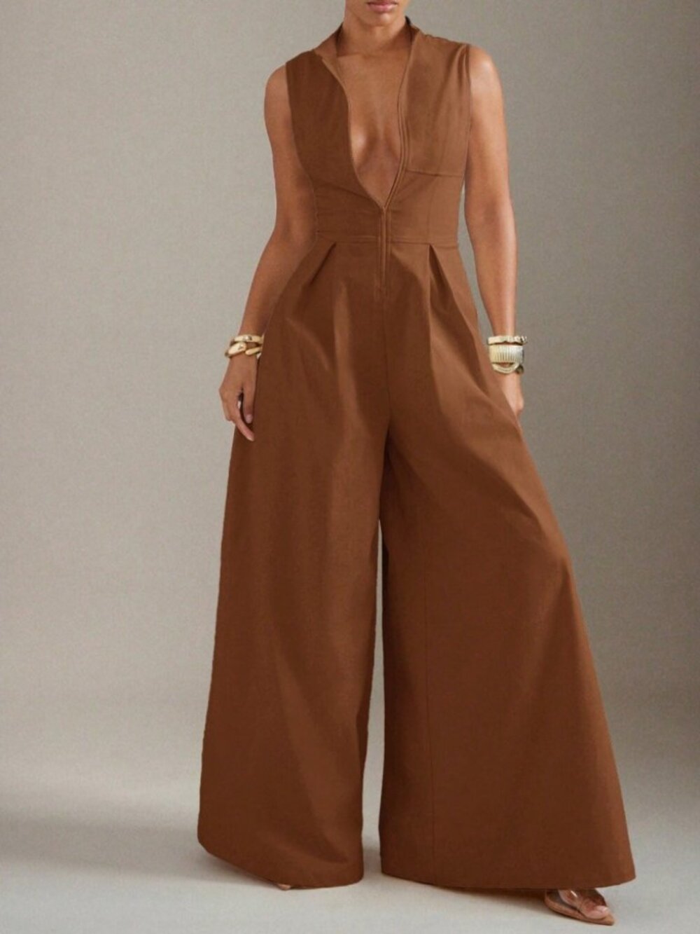 Brown Zip Front Stand Collar Wide Leg Jumpsuit